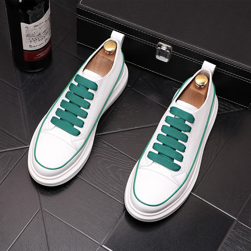 натуральная мужская повседневная кожаная обувь в корейском стиле, белая обувь на плоской подошве со шнуровкой, молодежная уличная одежда, кроссовки на платформе, обувь zapato hombre - 1