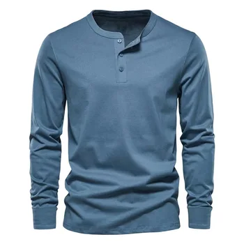 Синие футболки с воротником Хенли для мужчин обычной посадки, легкая футболка с длинным рукавом, мужской повседневный базовый пуловер, футболка Homme 3XL