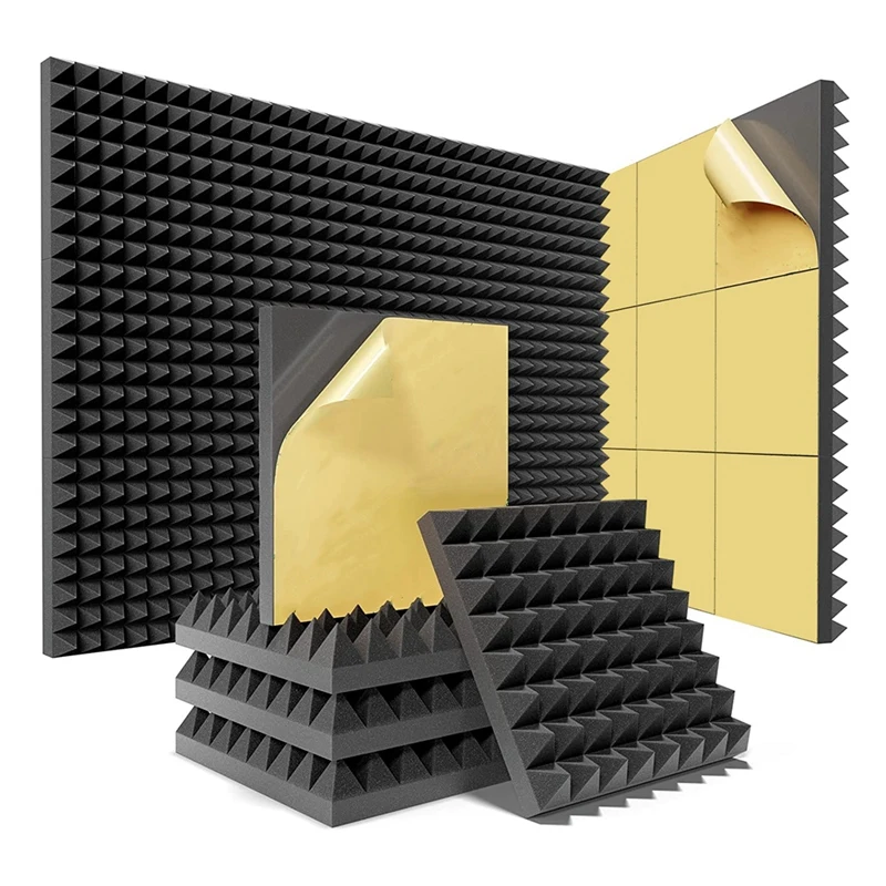 12 упаковок акустических пенопластовых панелей высокой плотности с самоклеющимся покрытием черного цвета 12x12x2 дюйма - 0