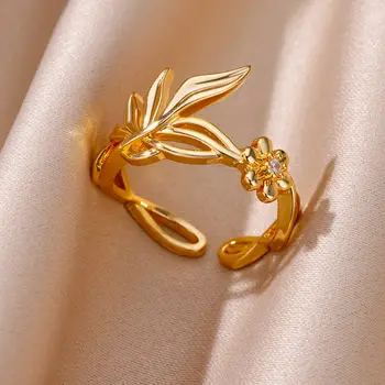 Кольца с листьями и цветами из нержавеющей стали для женщин, Позолоченное кольцо с цирконом, открывающее цветок, Трендовый Свадебный Эстетический Ювелирный подарок 2023 года