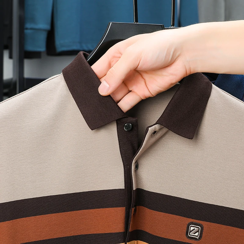Высококачественная брендовая полосатая рубашка поло с длинными рукавами и изысканной вышивкой, осенняя модная мужская футболка с отворотом, повседневный топ против морщин - 5