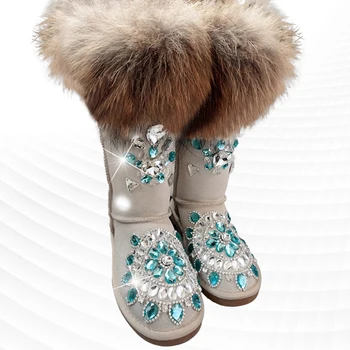 Модные роскошные зимние сапоги из лисьей шерсти со стразами, утолщенные теплые нескользящие маленькие 100 женские хлопчатобумажные туфли для женщин