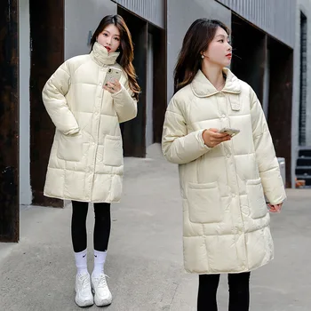 Зимняя куртка, женские длинные парки, повседневное тонкое женское зимнее пальто, модная женская куртка с хлопковой подкладкой, теплая длинная пуховая куртка, пальто