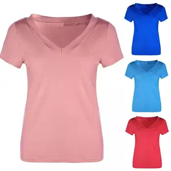 Плюс размер, летний женский топ, футболка, однотонный облегающий топ с коротким рукавом и глубоким V-образным вырезом