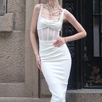 Белое вечернее платье в стиле пэчворк на бретельках, сексуальное женское платье с квадратным воротником, без рукавов, облегающее, с разрезом, Длинное клубное платье