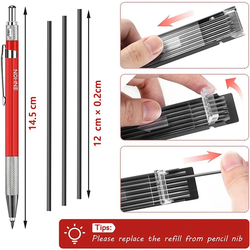 2X Карандаш для сварки с 24 шт. заправками с серебристой полосой, металлический маркер, механические сварочные карандаши для трубок, фабричный, красный - 5