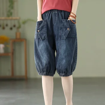 Женские джинсовые шорты-шаровары с эластичной резинкой на талии, однотонные лоскутные женские шорты длиной до колена