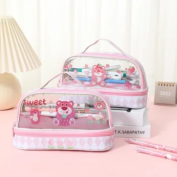 Пенал Disney Kawaii Lotso большой емкости, переносная студенческая сумка для ручек, двухслойная сумка для карандашей, канцелярская сумка, школьные принадлежности