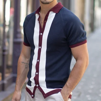 Мужская одежда 2023 размера плюс, однобортный свитер контрастного цвета с отстрочкой, мужская повседневная рубашка поло