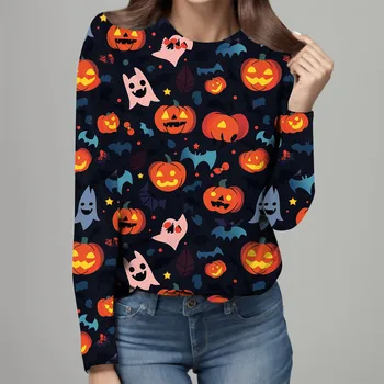 Женская футболка с изображением тыквы, одежда с принтами на Хэллоуин, футболки с длинным рукавом, женский топ с круглым вырезом, блузки для леди Осень-зима