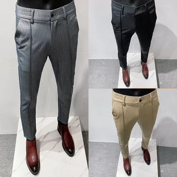 Новые мужские повседневные брюки высокой эластичности, прямые Классические серые Брендовые Тонкие деловые однотонные официальные офисные брюки, модельные брюки