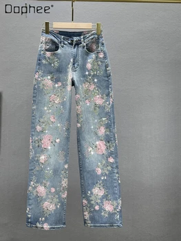 Женские широкие брюки из джинсовой ткани со стразами, весна и осень 2023, новые свободные брюки с принтом с высокой талией, женская винтажная одежда
