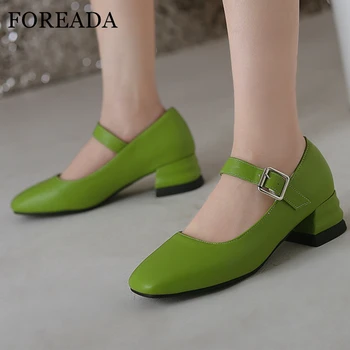 FOREADA, Женские туфли-лодочки Mary Janes, Туфли-перчатки с квадратным носком на толстом среднем каблуке и пряжкой, Женская модная обувь, Весна-осень, Черный, Бежевый, Зеленый