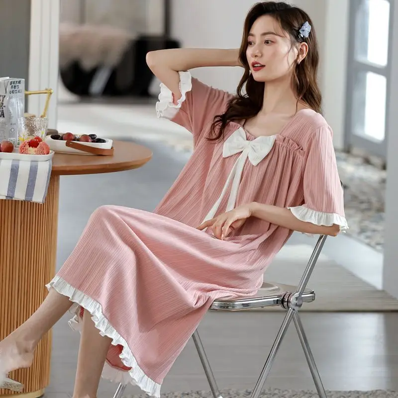Пижама с бантом, женская милая ночная рубашка, ночное платье в корейском стиле, Летняя пижама для сна, Домашняя одежда с короткими рукавами и рюшами - 5